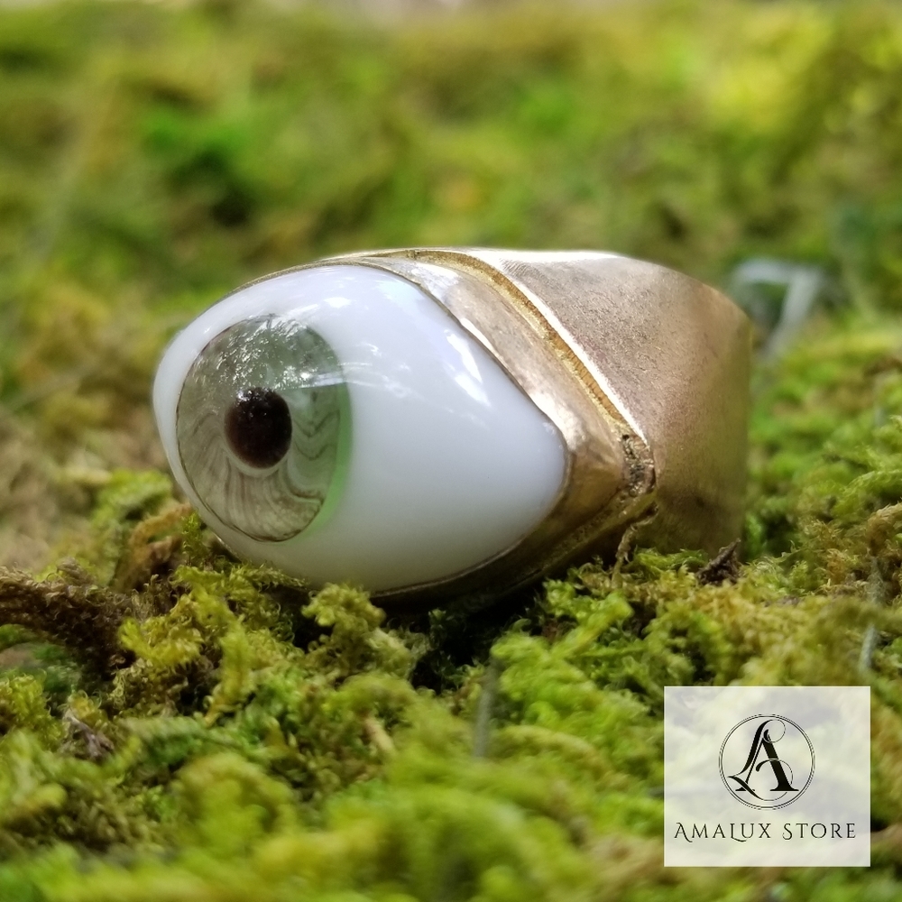 Brass, handblown glass evil eye ring